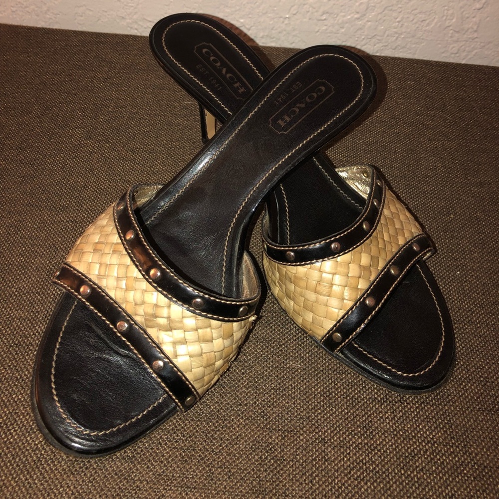 Coach Leather and Raffia Stiletto Sandals